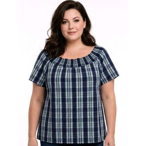 Talbots Navy Blue Plaid Smocked Neck Short Sleeve Blouse Size 1X